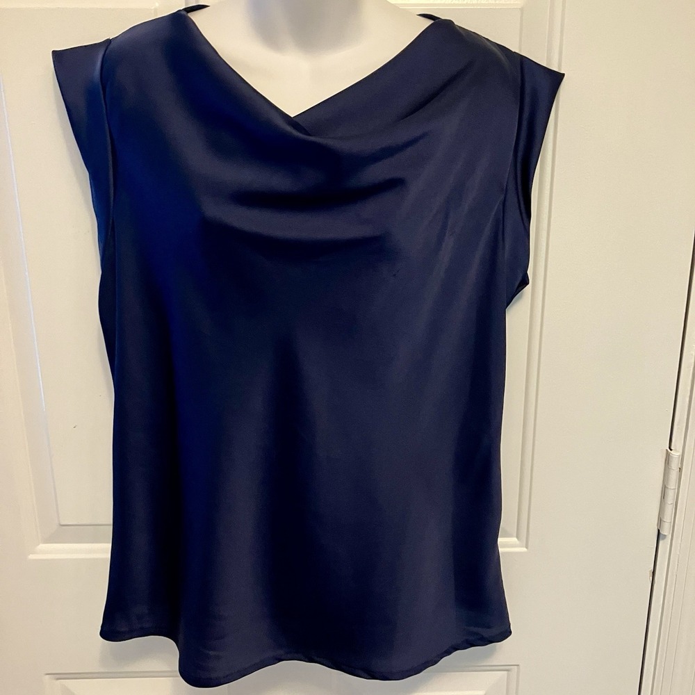 Nais Italy Womens Medium/Large Navy Blue Satin Sleeveless Shell Shirt Top Blouse